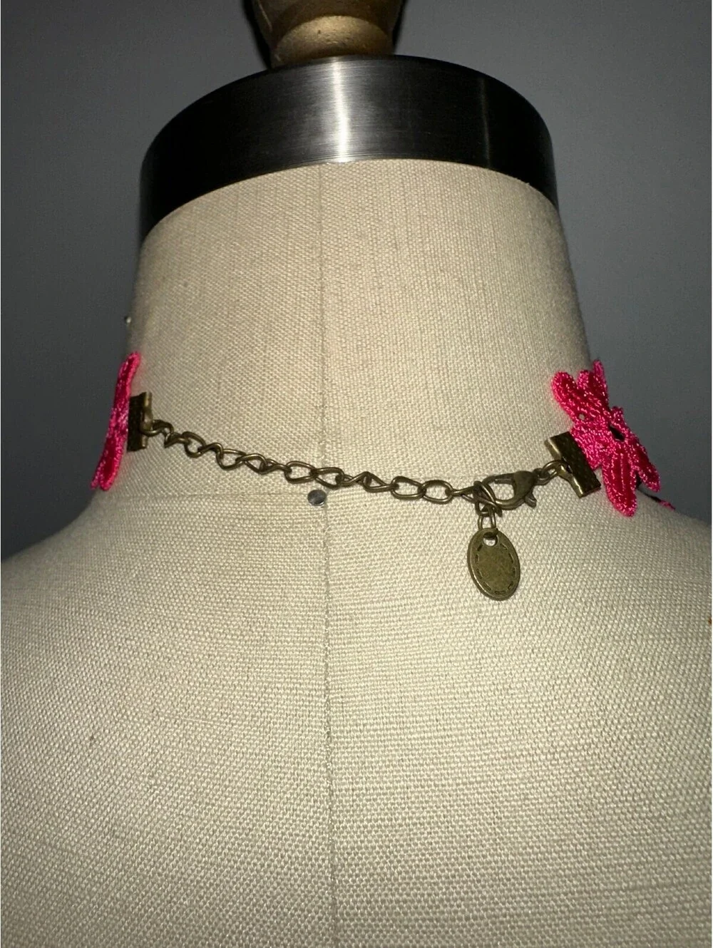 Pink Lace Choker Necklace with Purple Accent Dangle
